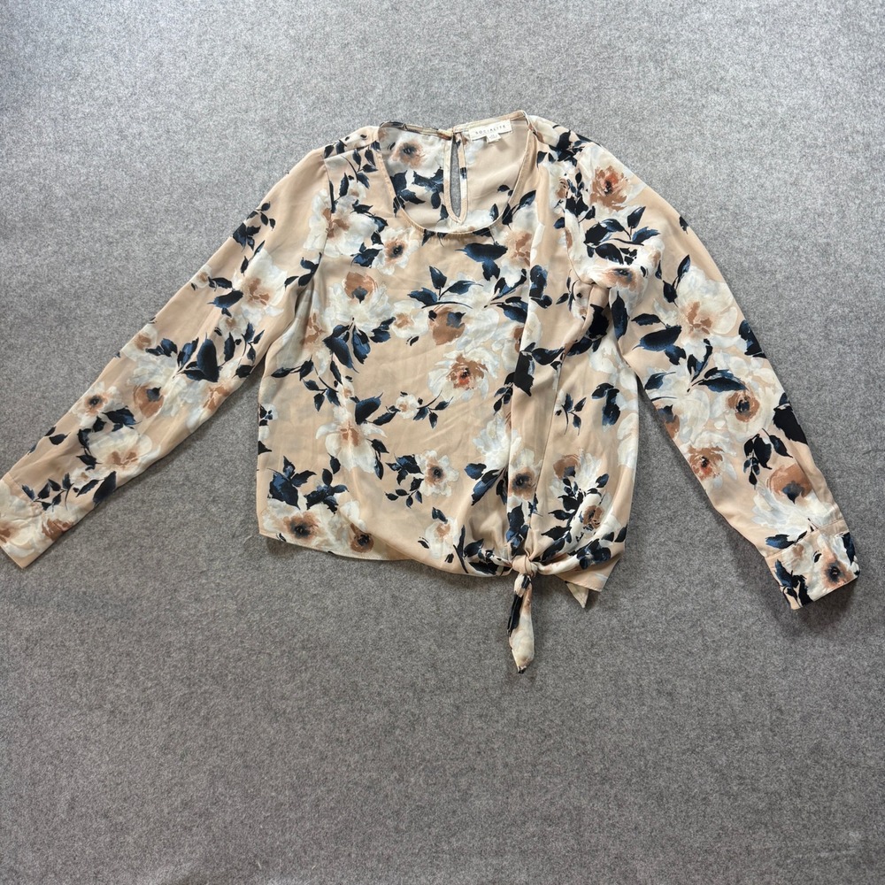 Socialite Womens Floral Tie Front Blouse XS Tan Blue Long Sleeve Polyester